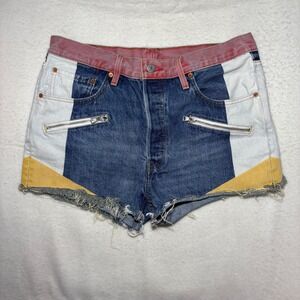 Levis Premium 501 Colorblock Cut Off Denim Shorts W32 Red White Blue Yellow Zip